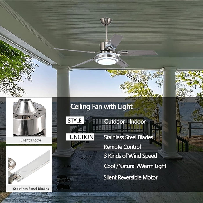52 in. Outdoor Ceiling Fans Light with Remote for Patio, Stainless Steel Ceiling Fans with LED Light for Pavilion Barn, Warehouse Ceiling Fans-2-ErisView