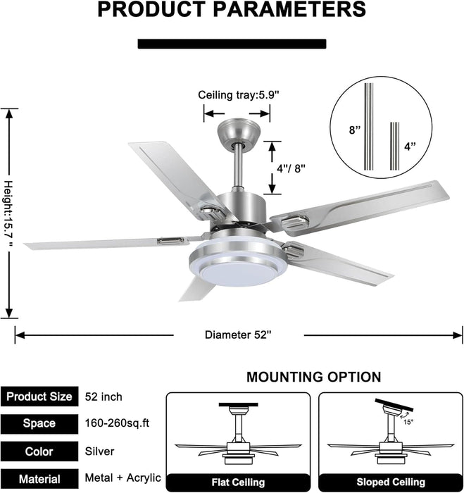 52 in. Outdoor Ceiling Fans Light with Remote for Patio, Stainless Steel Ceiling Fans with LED Light for Pavilion Barn, Warehouse Ceiling Fans-4-ErisView