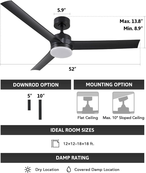 52 in. Outdoor Ceiling Fans with Light and Remote, Indoor Outdoor Reversible Modern Ceiling Fan for Bedroom Patio-41-ErisView