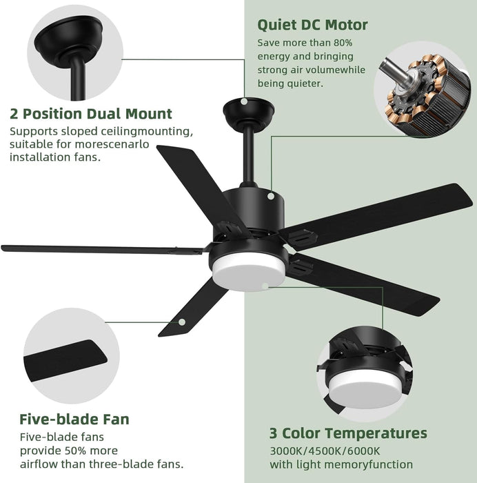 52 in. Remote Control Ceiling Fan and Light, Black Outdoor Ceiling Fan, Nice Ceiling Fans, 5 Blades Outdoor Patio Fans, Porch Ceiling Fans-27-ErisView