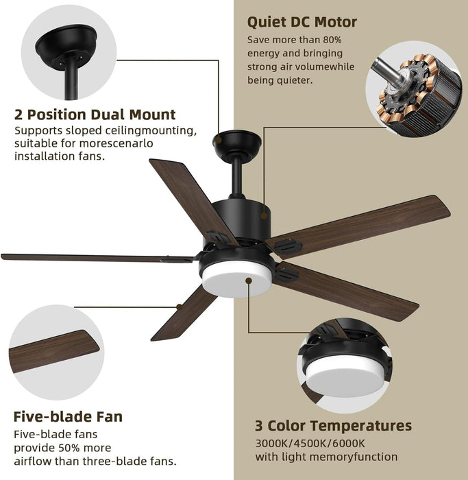 52 in. Remote Control Ceiling Fan and Light, Black Outdoor Ceiling Fan, Nice Ceiling Fans, 5 Blades Outdoor Patio Fans, Porch Ceiling Fans-34-ErisView