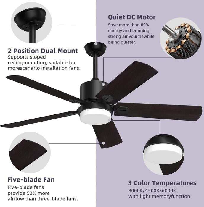 52 in. Remote Control Ceiling Fan and Light, Black Outdoor Ceiling Fan, Nice Ceiling Fans, 5 Blades Outdoor Patio Fans, Porch Ceiling Fans-6-ErisView
