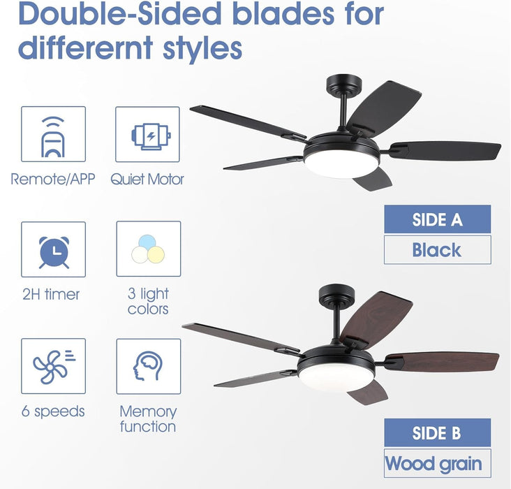 52 in. Remote Control Ceiling Fan and Light, Black Reversible Modern Ceiling Fan for Living Room Kitchen, Outdoor Fan for Patio-2-ErisView