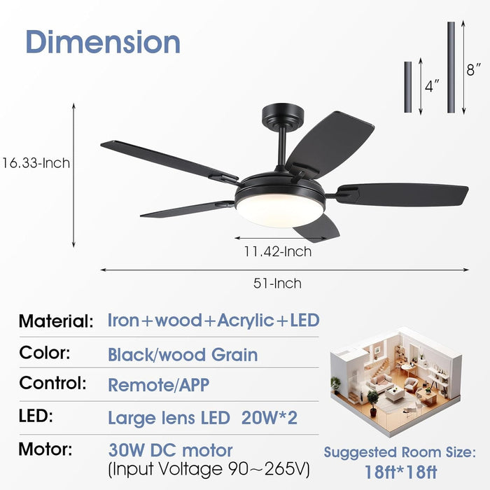52 in. Remote Control Ceiling Fan and Light, Black Reversible Modern Ceiling Fan for Living Room Kitchen, Outdoor Fan for Patio-7-ErisView