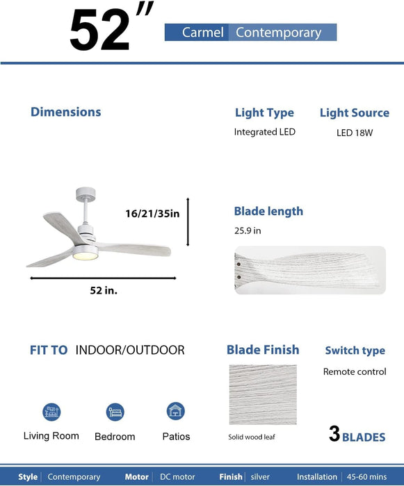 52 in. Remote Control Ceiling Fan and Light, Indoor Outdoor Ceiling Fans with Dimmable Light, Silver Reversible Wood Ceiling Fan for Bedroom Patio-7-ErisView