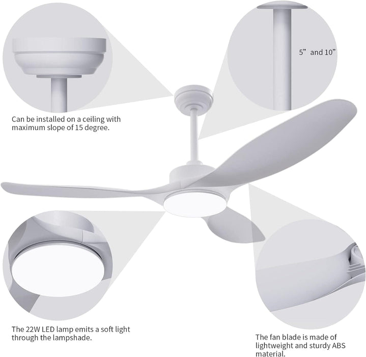 52 in. Remote Control Ceiling Fan and Light, White Ceiling Fan Dimmable LED Light, Unusual Ceiling Fans for Bedroom Living Room-7-ErisView