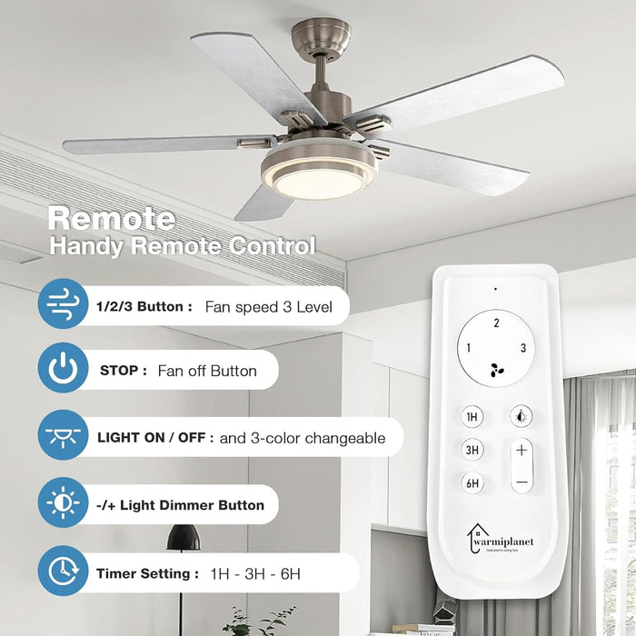 52 in. Remote Control Ceiling Fan with Light, Brushed Nickel Ceiling Fan, 5 Blade Ceiling Fan-2-ErisView