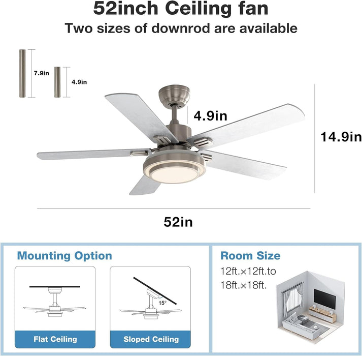 52 in. Remote Control Ceiling Fan with Light, Brushed Nickel Ceiling Fan, 5 Blade Ceiling Fan-6-ErisView