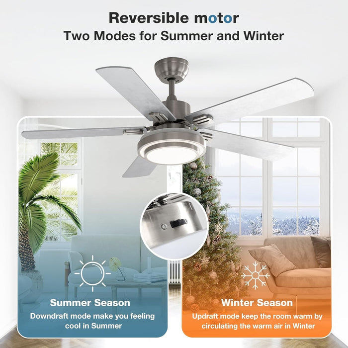 52 in. Remote Control Ceiling Fan with Light, Brushed Nickel Ceiling Fan, 5 Blade Ceiling Fan-7-ErisView