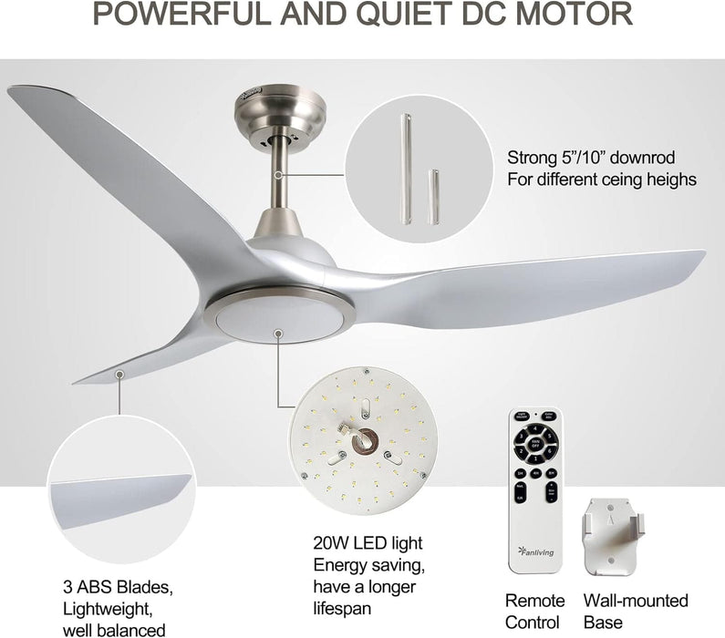 52 in. Reversible Quiet Remote Control Ceiling Fan and Light, Indoor 3 Blade Modern Ceiling Fan for Bedroom Living Room, Porch Fans-5-ErisView