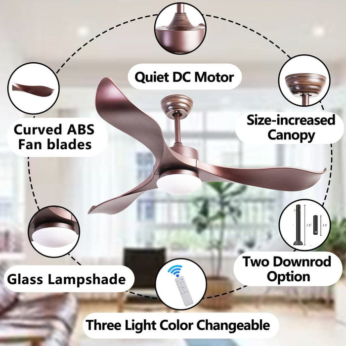 52 in. Rose Gold LED Ceiling Fan for Girl's Room Bedroom Living Room with Remote Control, 3-Blade Reversible Noise Free Ceiling Fan with LED Light-ErisView
