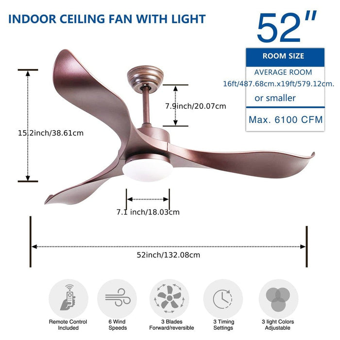 52 in. Rose Gold LED Ceiling Fan for Girl's Room Bedroom Living Room with Remote Control, 3-Blade Reversible Noise Free Ceiling Fan with LED Light-ErisView