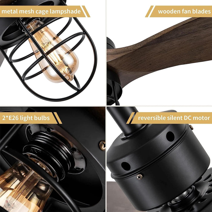 52 in. Rustic Ceiling Fan with Light and Remote, Modern Black Industrial Ceiling Fans for Bedroom, Patio Porch Fans-4-ErisView