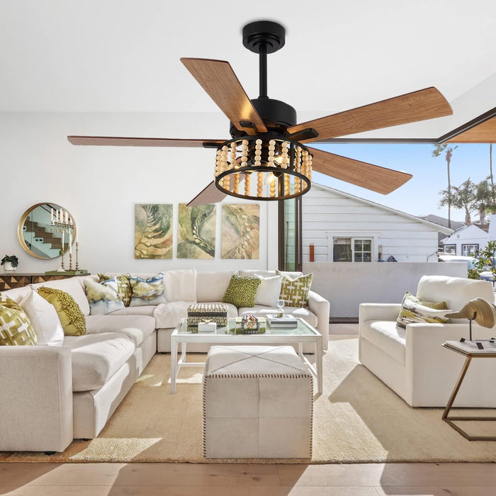 52 in. Rustic Wood Beaded Chandelier Fan, Boho Caged Ceiling Fan with Light and Remote, Industrial Quiet Ceiling Fans for Living Room Bedroom-2-ErisView