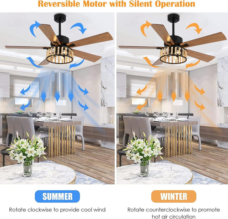 52 in. Rustic Wood Beaded Chandelier Fan, Boho Caged Ceiling Fan with Light and Remote, Industrial Quiet Ceiling Fans for Living Room Bedroom-3-ErisView