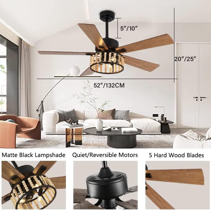 52 in. Rustic Wood Beaded Chandelier Fan, Boho Caged Ceiling Fan with Light and Remote, Industrial Quiet Ceiling Fans for Living Room Bedroom-4-ErisView