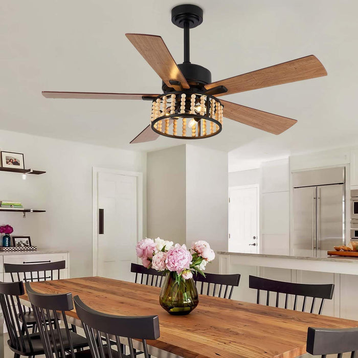 52 in. Rustic Wood Beaded Chandelier Fan, Boho Caged Ceiling Fan with Light and Remote, Industrial Quiet Ceiling Fans for Living Room Bedroom-6-ErisView