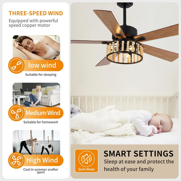 52 in. Rustic Wood Beaded Chandelier Fan, Boho Caged Ceiling Fan with Light and Remote, Industrial Quiet Ceiling Fans for Living Room Bedroom-7-ErisView