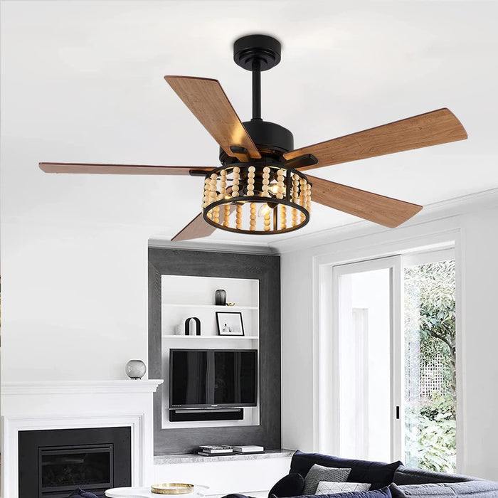 52 in. Rustic Wood Beaded Chandelier Fan, Boho Caged Ceiling Fan with Light and Remote, Industrial Quiet Ceiling Fans for Living Room Bedroom-8-ErisView