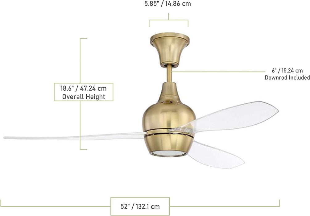52 in. Semi-Flush Mount Heavy Duty Industrial Ceiling Fan with LED Light and Wall Control, 3 Clear Acrylic Blades, Satin Brass Ceiling Fan-2-ErisView