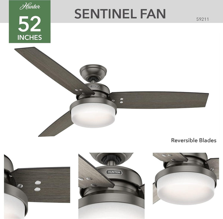 52 in. Sentinel Brushed Ceiling Fan with LED Light Kit and Handheld Remote, Hugger Ceiling Fan with Light-3-ErisView