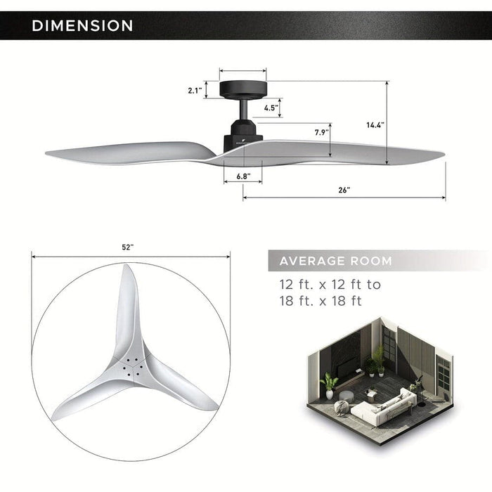 52 in. Silver Downrod Mount Ceiling Fan with Remote Control, Modern Ceiling Fan without Light for Bedroom Living Room-ErisView