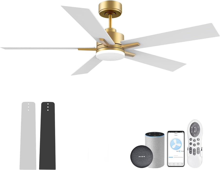 52 in. Smart Ceiling Fan with LED Light and Remote Voice Alexa Google Wi-Fi Control, White and Gold Ceiling Fan for Bedroom, Outdoor Fans for Porch Patio-1-ErisView