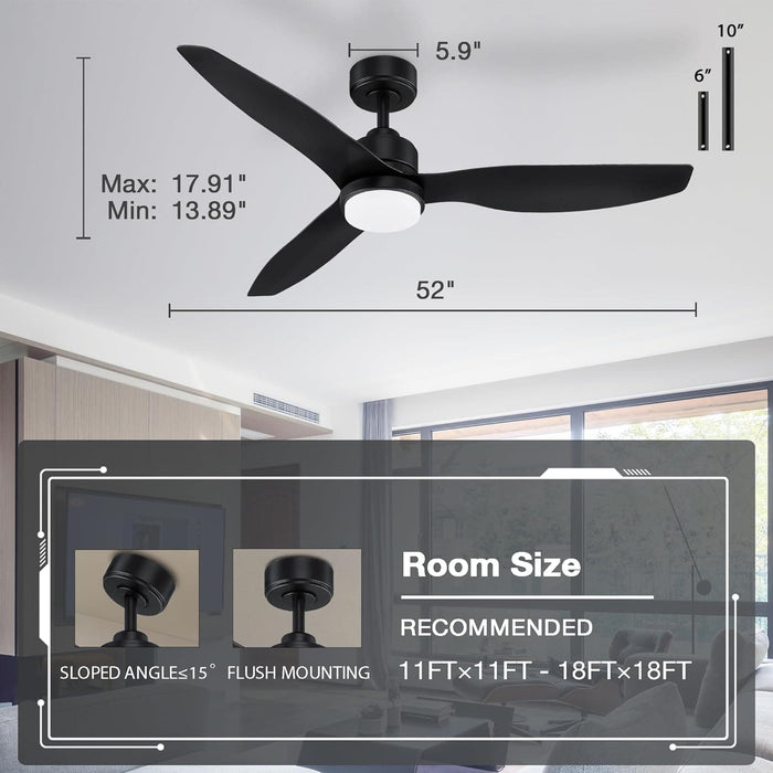 52 in. Smart Ceiling Fan with Lights and Remote, Modern Dimmable Reversible Ceiling Fan, Black Ceiling Fan for Bedroom Living Room Patio Porch -5-ErisView