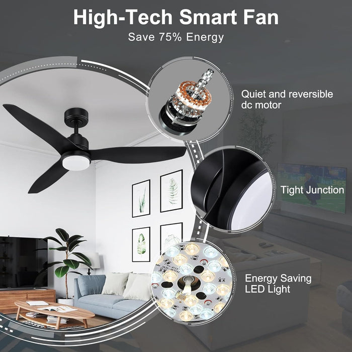 52 in. Smart Ceiling Fan with Lights and Remote, Modern Dimmable Reversible Ceiling Fan, Black Ceiling Fan for Bedroom Living Room Patio Porch -7-ErisView