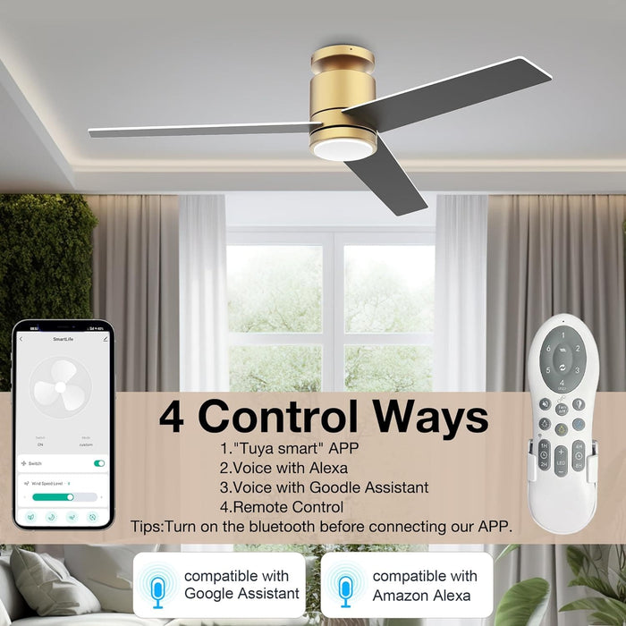 52 in. Smart Flush Mount Remote Control Ceiling Fan and Light, Voice Wi-Fi Alexa APP Control, Modern Reversible Low Profile Ceiling Fan for Bedroom Patio-2-ErisView