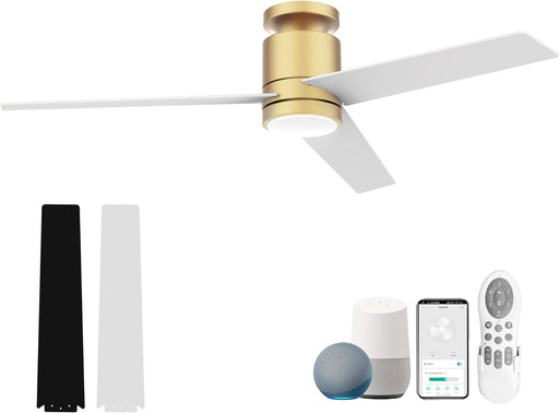 52 in. Smart Flush Mount Remote Control Ceiling Fan and Light, Voice Wi-Fi Alexa APP Control, Modern Reversible Low Profile Ceiling Fan for Bedroom Patio-1-ErisView