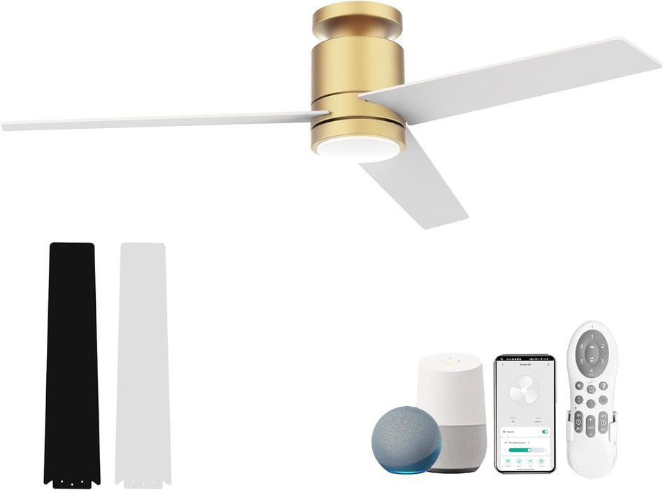 52 in. Smart Flush Mount Remote Control Ceiling Fan and Light, Voice Wi-Fi Alexa APP Control, Modern Reversible Low Profile Ceiling Fan for Bedroom Patio-1-ErisView