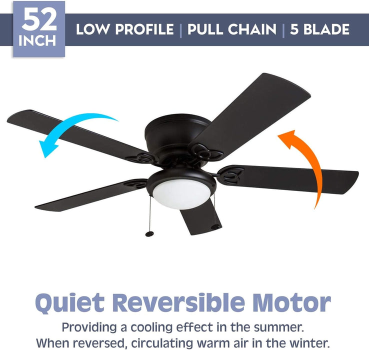 52 in. Traditional Flush Mount Indoor LED Ceiling Fan with Light Pull Chains, Matte Black Reversible Ceiling Fan Summer Winter-4-ErisView