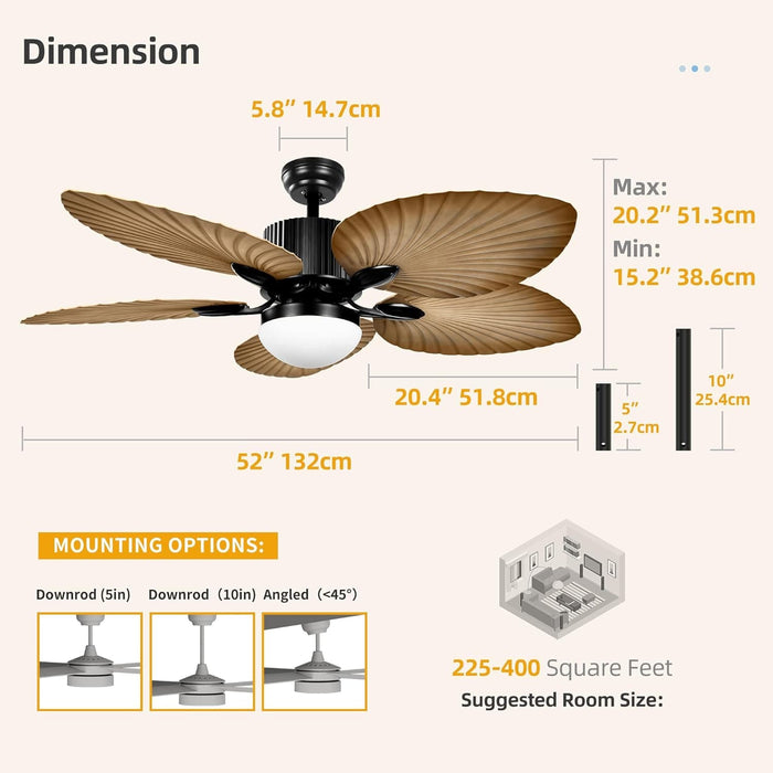 52 in. Tropical Ceiling Fan with LED Light and Remote, Palm Leaf Ceiling Fan, Silent Ceiling Fan for Porch, Indoor Ceiling Fan for Living Room Bedroom-6-ErisView