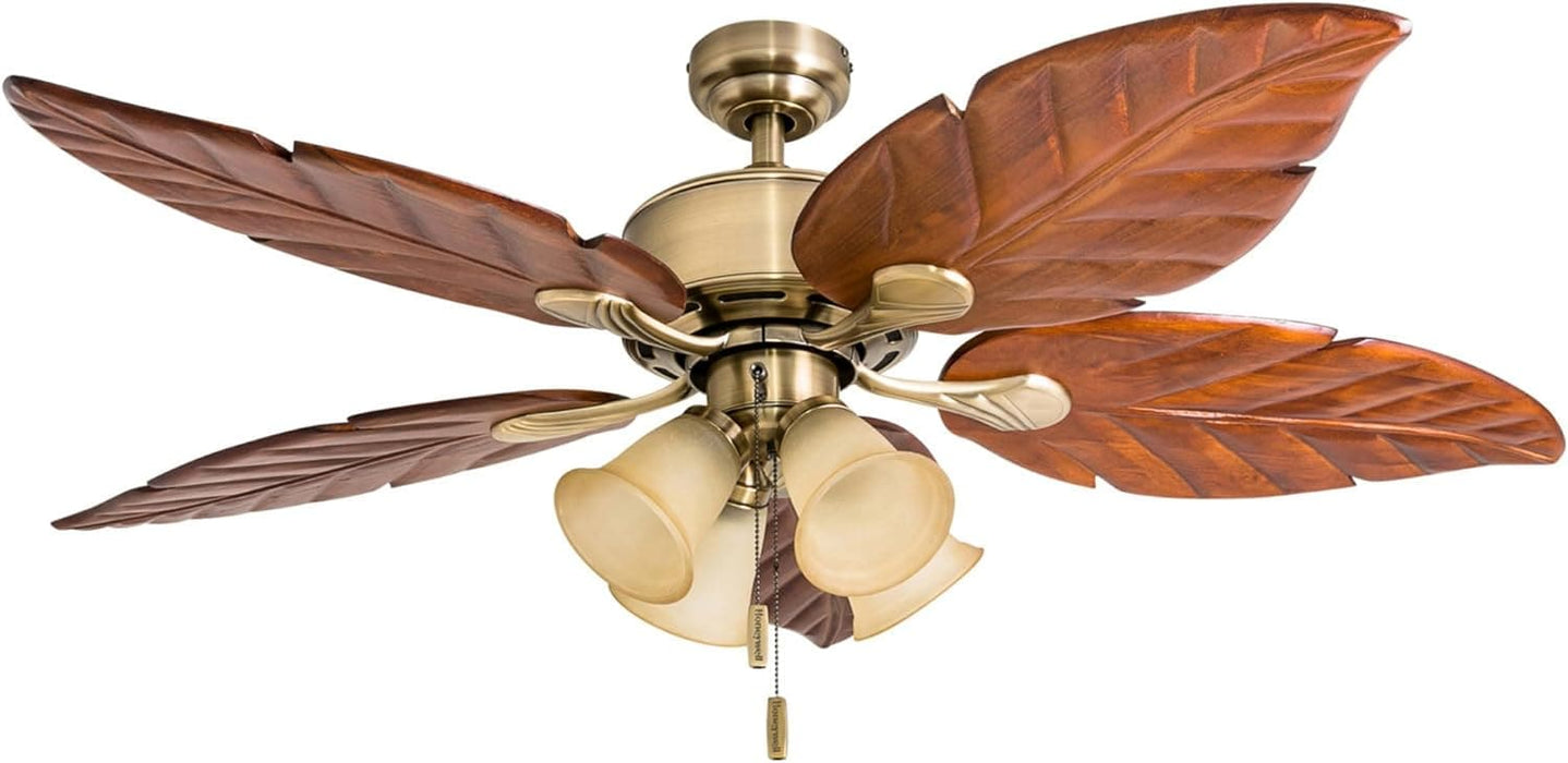 52 in. Tropical LED Ceiling Fan with Light Pull Chain, Solid Wood Blade Bronze Ceiling Fan-10-ErisView