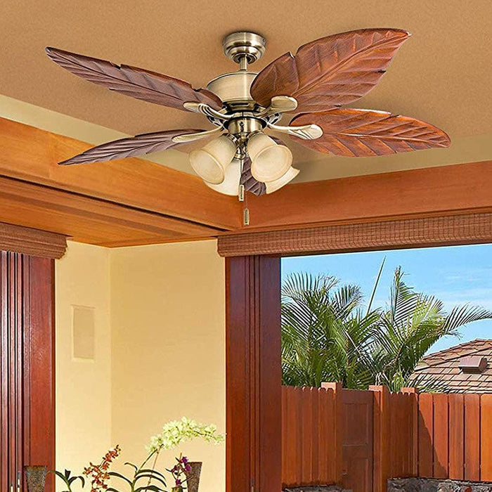 52 in. Tropical LED Ceiling Fan with Light Pull Chain, Solid Wood Blade Bronze Ceiling Fan-14-ErisView