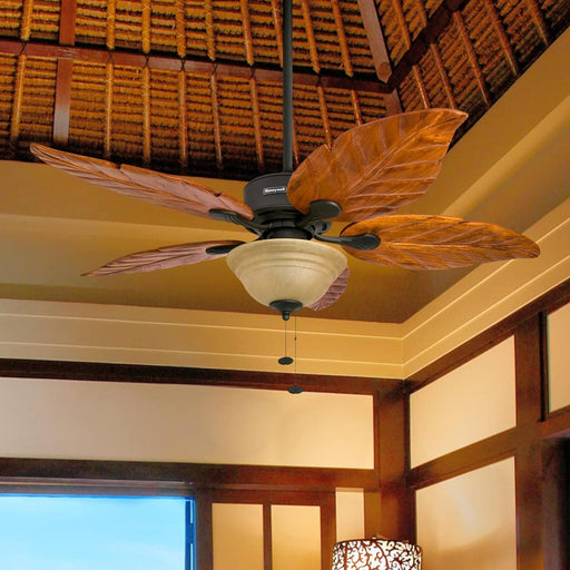 52 in. Tropical LED Ceiling Fan with Light Pull Chain, Solid Wood Blade Bronze Ceiling Fan-2-ErisView