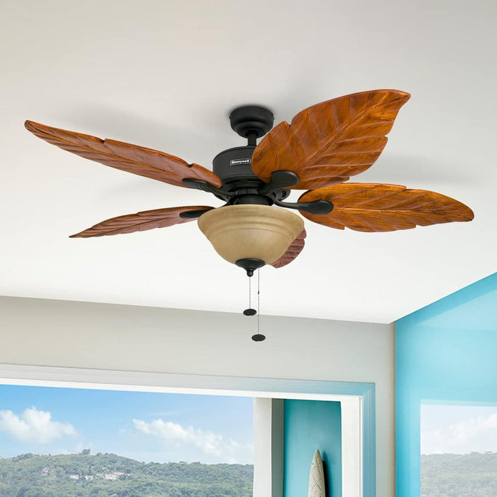 52 in. Tropical LED Ceiling Fan with Light Pull Chain, Solid Wood Blade Bronze Ceiling Fan-3-ErisView