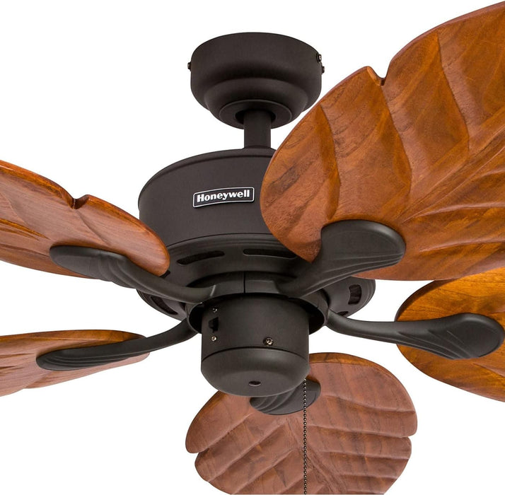52 in. Tropical LED Ceiling Fan with Light Pull Chain, Solid Wood Blade Bronze Ceiling Fan-4-ErisView