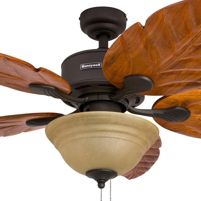 52 in. Tropical LED Ceiling Fan with Light Pull Chain, Solid Wood Blade Bronze Ceiling Fan-5-ErisView