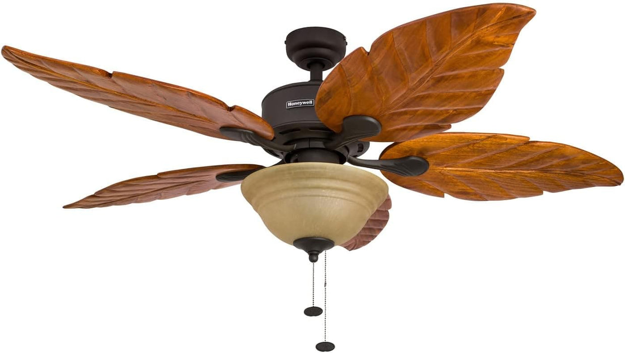 52 in. Tropical LED Ceiling Fan with Light Pull Chain, Solid Wood Blade Bronze Ceiling Fan-1-ErisView