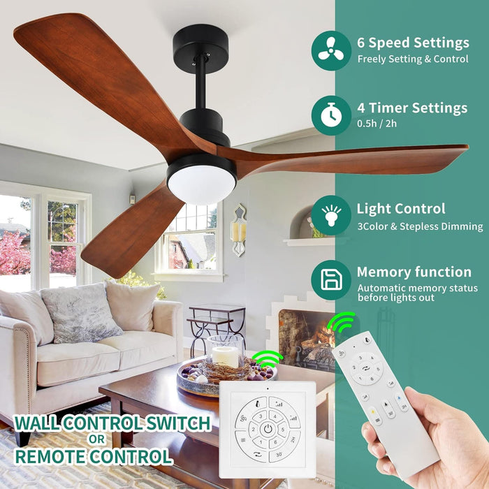 52 in. Walnut Low Profile Ceiling Fan with Light and Remote, Flush Mount Fan, Quiet Ceiling Fans with Lights, Black Outdoor Ceiling Fan-11-ErisView