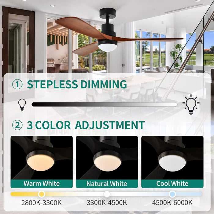 52 in. Walnut Low Profile Ceiling Fan with Light and Remote, Flush Mount Fan, Quiet Ceiling Fans with Lights, Black Outdoor Ceiling Fan-12-ErisView