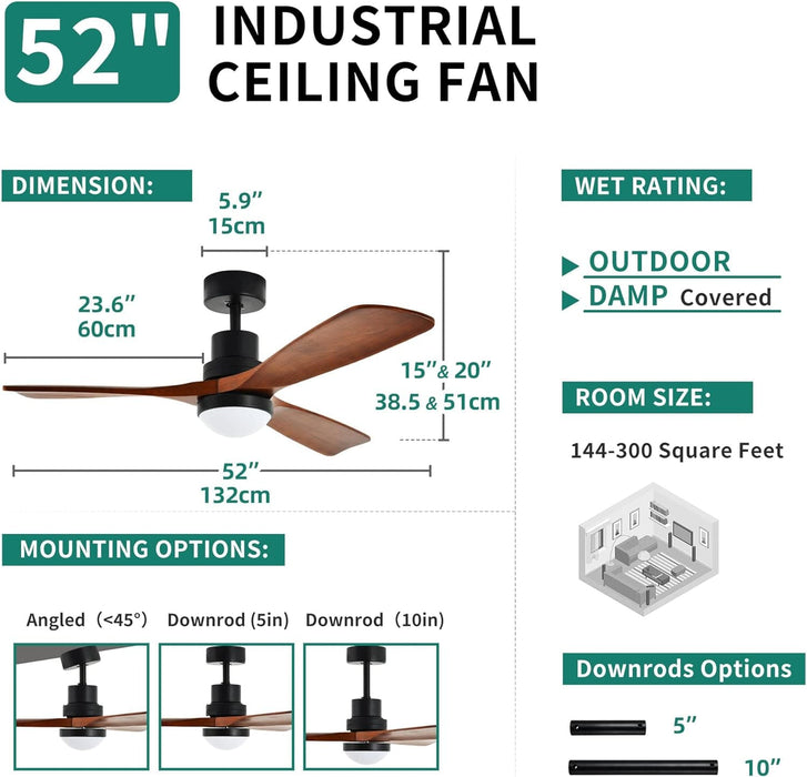 52 in. Walnut Low Profile Ceiling Fan with Light and Remote, Flush Mount Fan, Quiet Ceiling Fans with Lights, Black Outdoor Ceiling Fan-14-ErisView