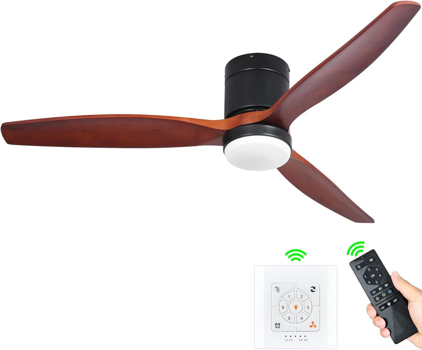 52 in. Walnut Low Profile Ceiling Fan with Light and Remote, Flush Mount Fan, Quiet Ceiling Fans with Lights, Black Outdoor Ceiling Fan-16-ErisView