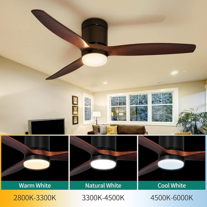 52 in. Walnut Low Profile Ceiling Fan with Light and Remote, Flush Mount Fan, Quiet Ceiling Fans with Lights, Black Outdoor Ceiling Fan-18-ErisView