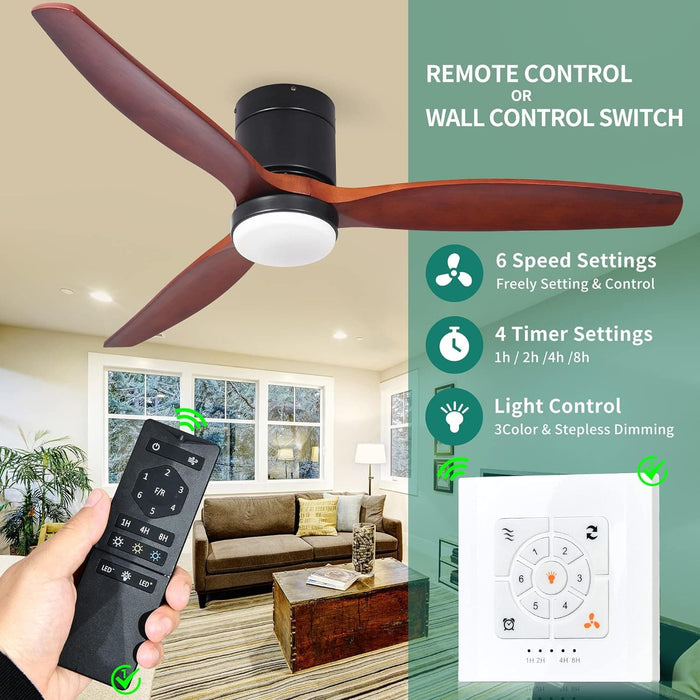 52 in. Walnut Low Profile Ceiling Fan with Light and Remote, Flush Mount Fan, Quiet Ceiling Fans with Lights, Black Outdoor Ceiling Fan-21-ErisView