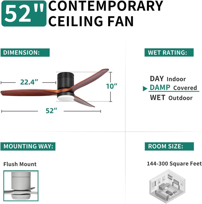 52 in. Walnut Low Profile Ceiling Fan with Light and Remote, Flush Mount Fan, Quiet Ceiling Fans with Lights, Black Outdoor Ceiling Fan-23-ErisView