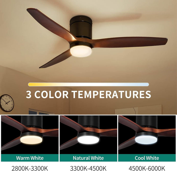 52 in. Walnut Low Profile Ceiling Fan with Light and Remote, Flush Mount Fan, Quiet Ceiling Fans with Lights, Black Outdoor Ceiling Fan-2-ErisView