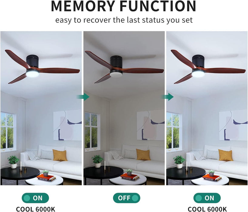 52 in. Walnut Low Profile Ceiling Fan with Light and Remote, Flush Mount Fan, Quiet Ceiling Fans with Lights, Black Outdoor Ceiling Fan-3-ErisView